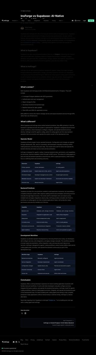 InsForge vs Supabase review snapshot