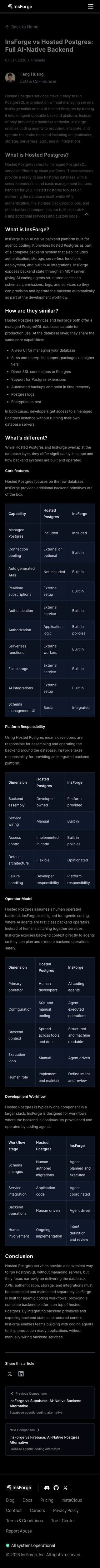 InsForge vs Hosted Postgres review snapshot