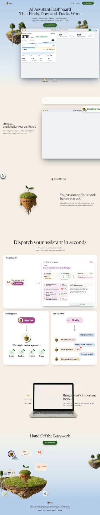 Biom · AI Assistant Dashboard That Finds, Does and Tracks Work review snapshot